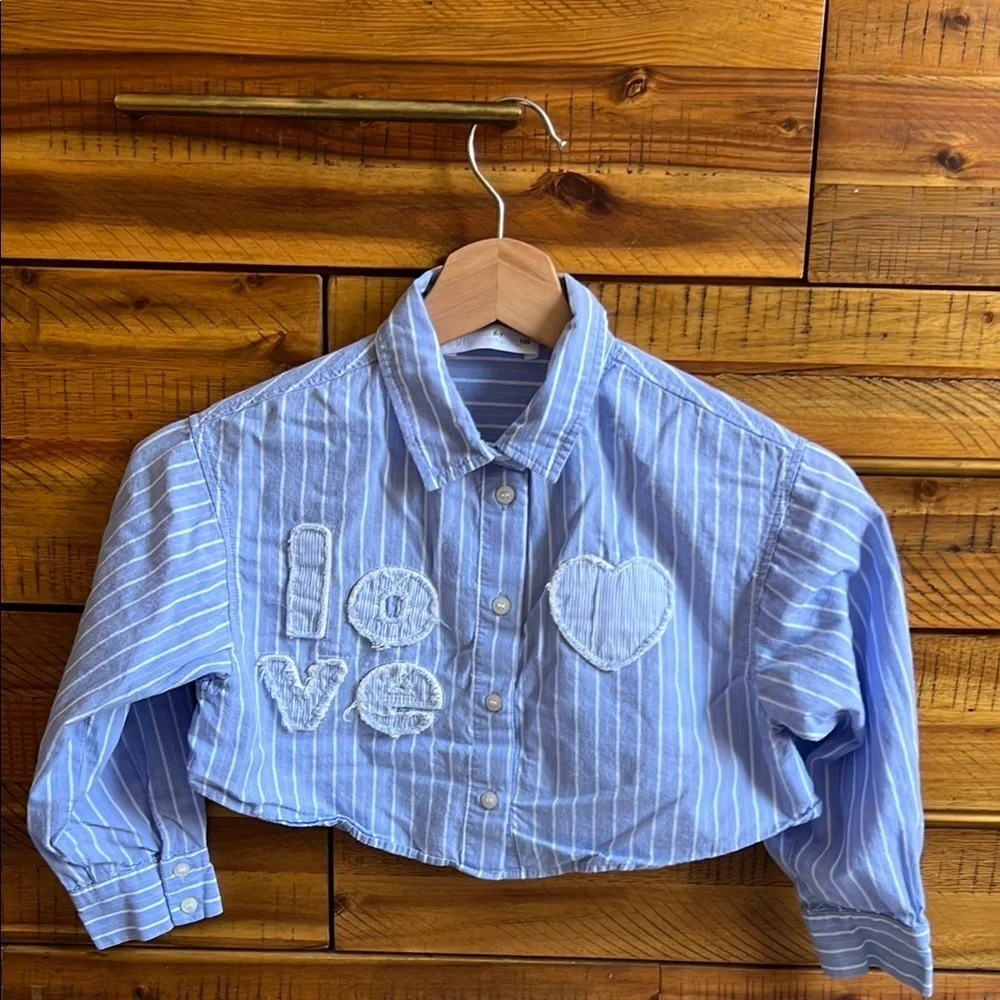 Zara Girls Crop Top Blue Striped Kids Shirt with Love Embroidery